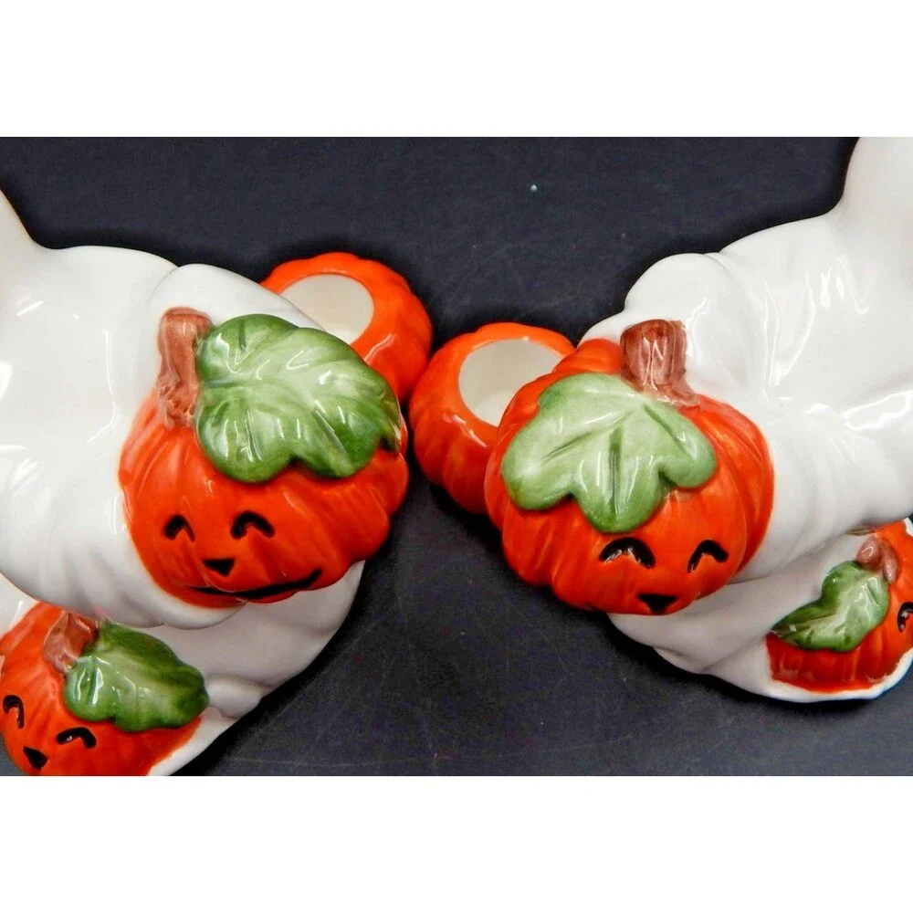 Fitz Floyd Ghost Candlestick Holders Pair Candles Halloween Fall Pumpkin 1996
